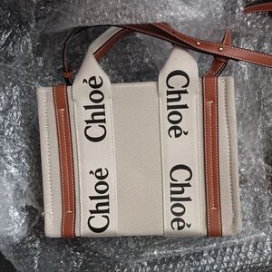 Chloe Cream and Brown Canvas Tote with Leather Handles